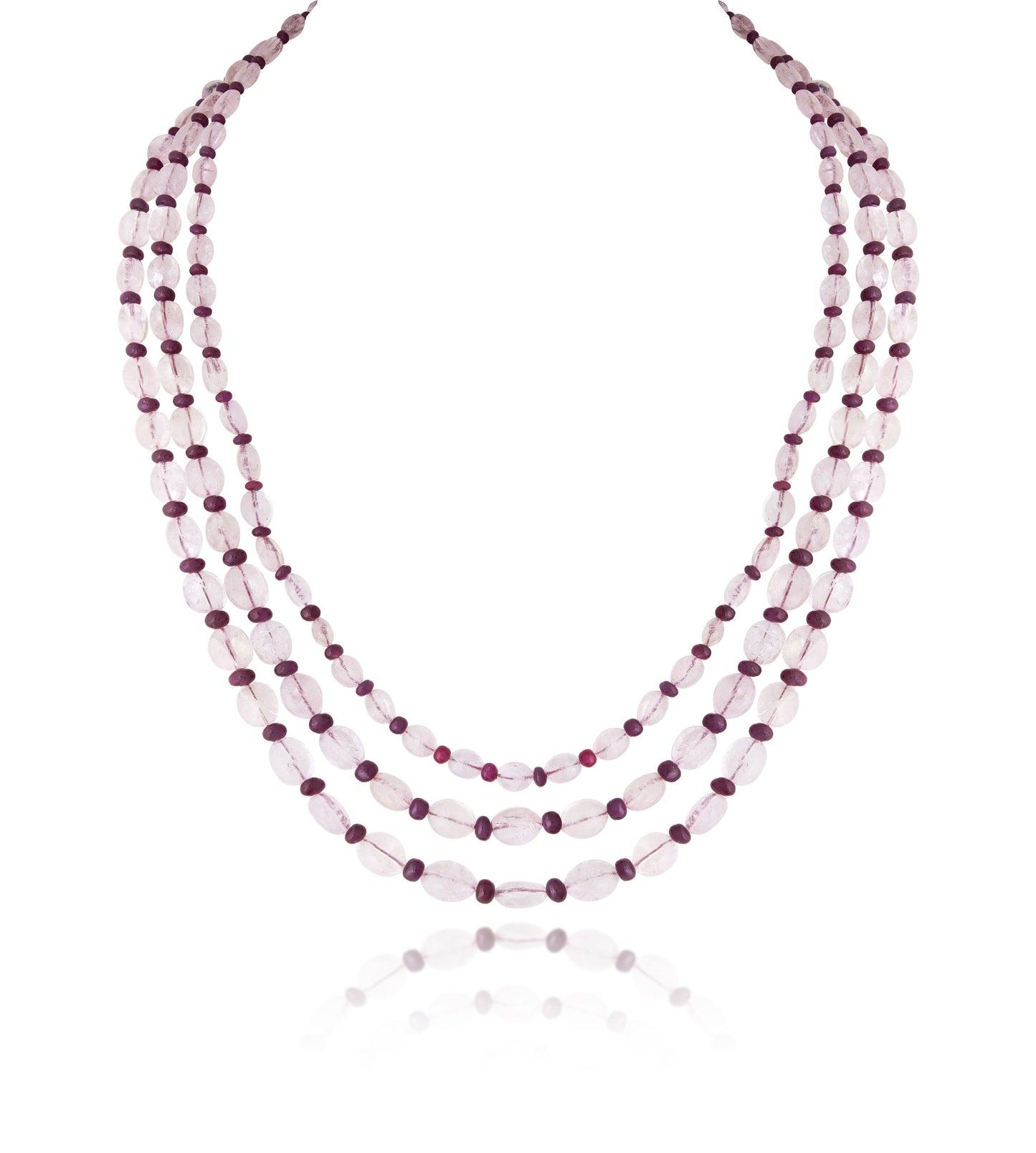 3 LINE MORGANITE STRAND CUSTOM CUT WITH RUBY