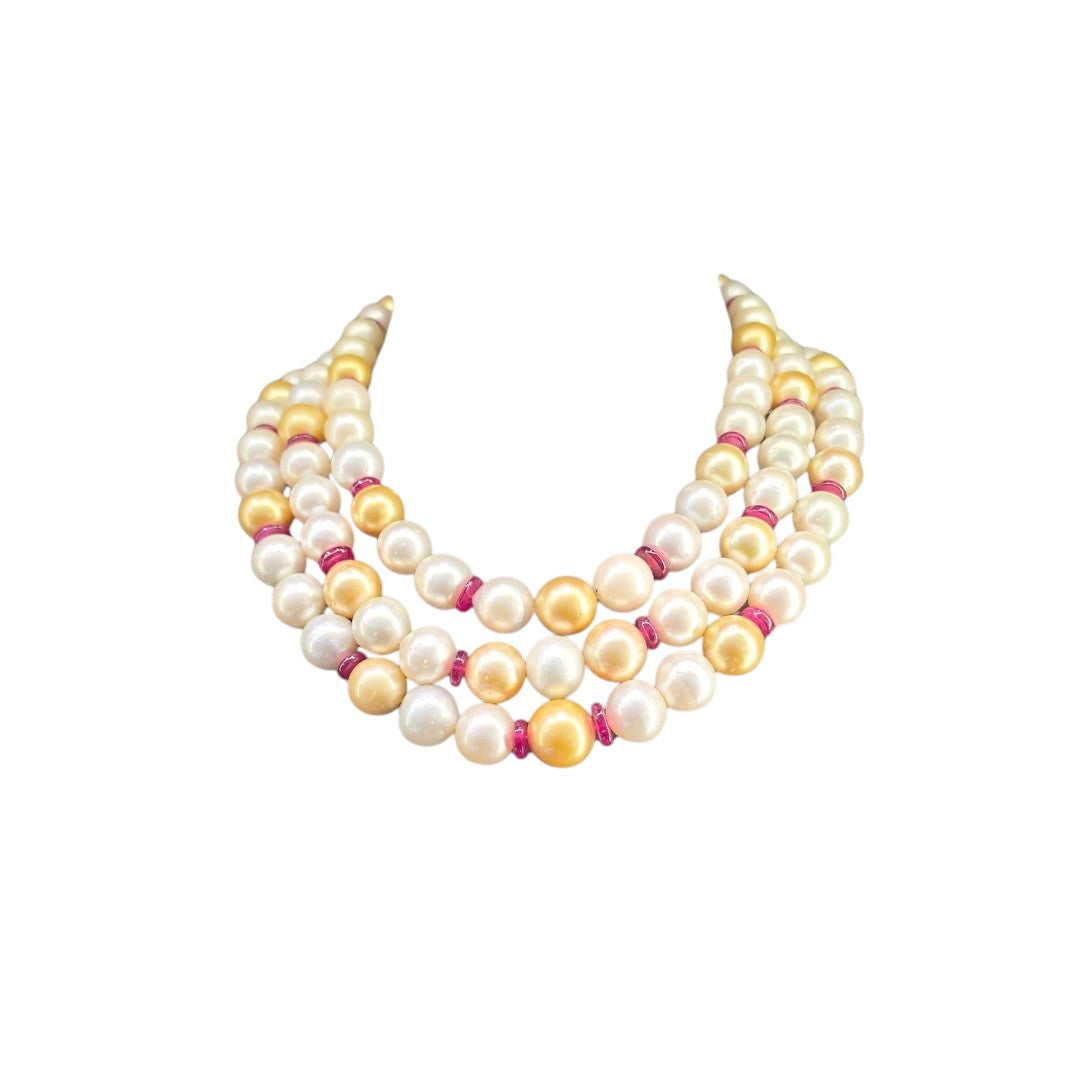 3 LINE CREAMISH SOUTH SEA PEARL AND YELLOW SOUTH SEA STRAND