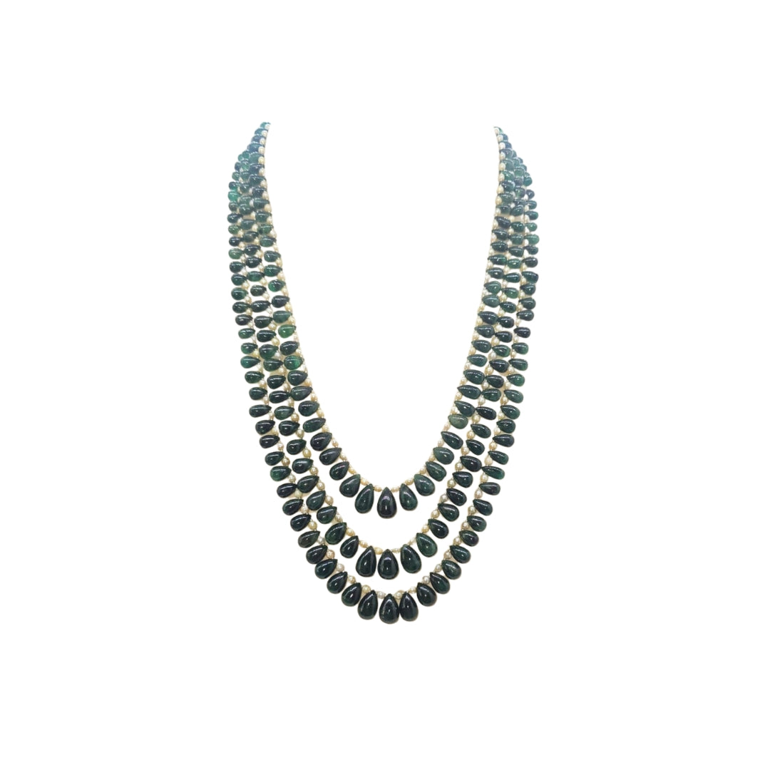 3 LINES ZAMBIAN EMERALD STRAND CUSTOM CUT WITH OLD CULTURED PEARL
