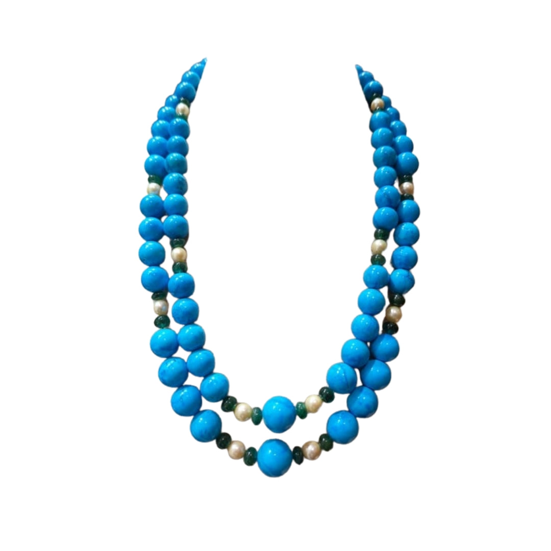 2 LINE STRAND OF FIROZA WITH EMERALD & PEARLS