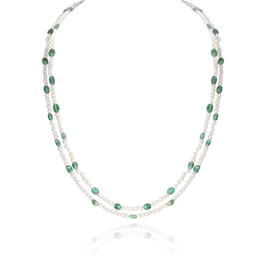 2 LINE STRAND OF CULTURED PEARL CUSTOM CUT WITH ZAMBIAN EMERALD