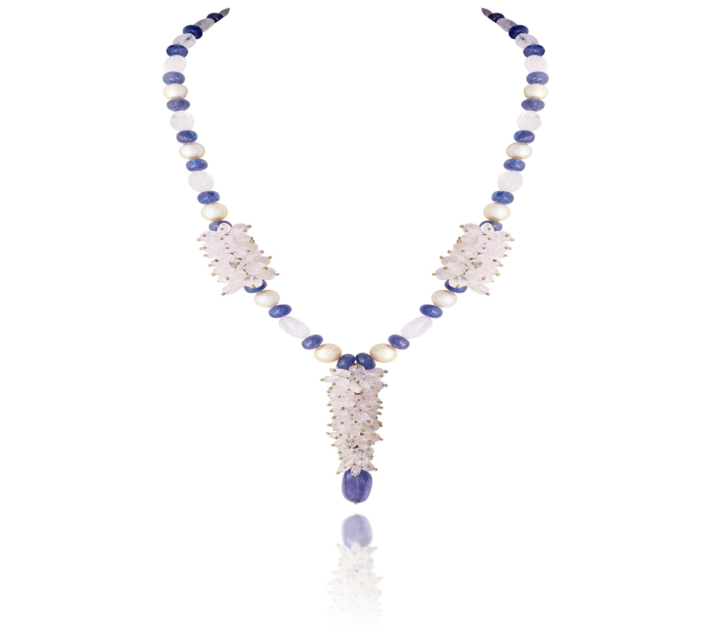 A STRAND OF MORGANITE CUSTOM CUT WITH TANZANITE