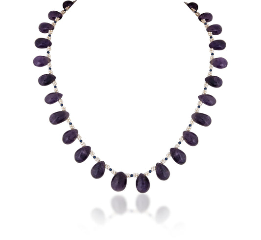 A STRAND OF CULTURED PEARL CUSTOM CUT  WITH AMETHYST DROP