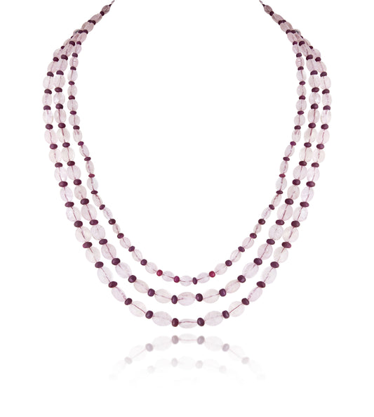 3 LINE MORGANITE STRAND CUSTOM CUT WITH RUBY