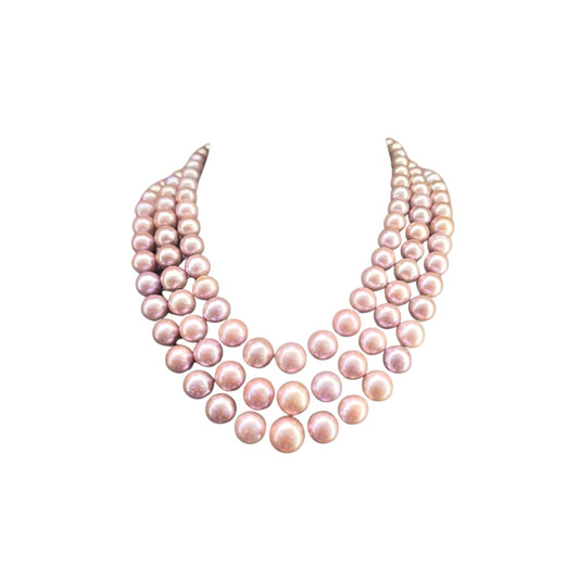 3 LINE STRAND OF CULTURED PINKISH SOUTH SEA PEARL CUSTOM CUT WITH EMERALD