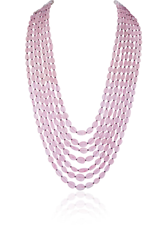 7 LINES MORGANITE STRAND CUSTOM CUT WITH BLUE SAPPHIRE STONE