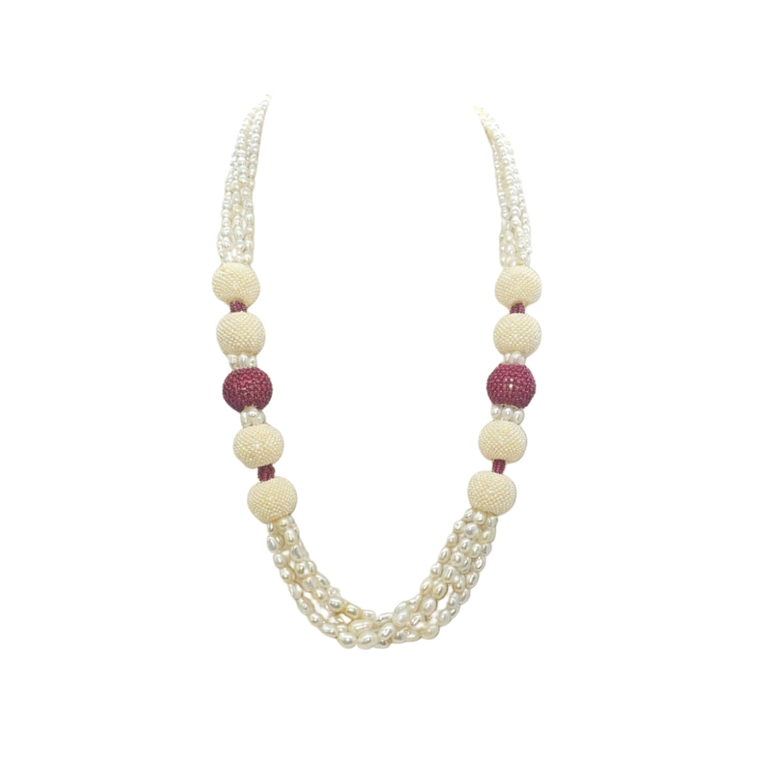 KESHI PEARL STRAND CUSTOM CUT WITH RUBY BEADS