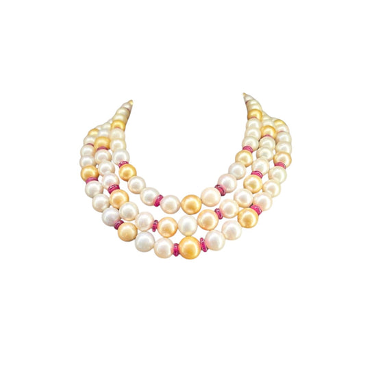 3 LINE CREAMISH SOUTH SEA PEARL AND YELLOW SOUTH SEA STRAND
