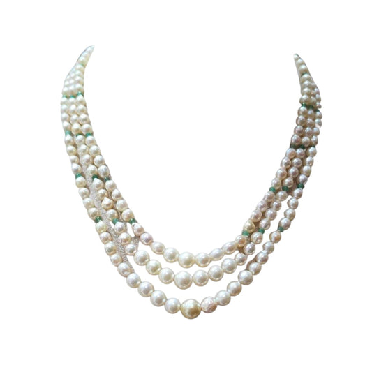3 LINE STARND PEARLS WITH EMERALD