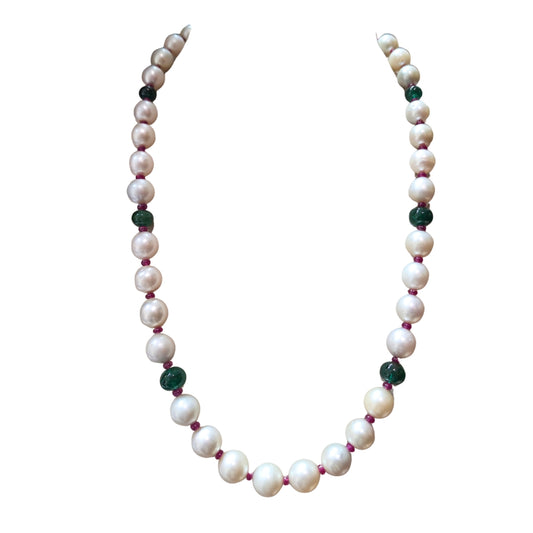 SOUTH SEA PERAL WITH ZAMBIEN EMERALD AND AFRICAL RUBY