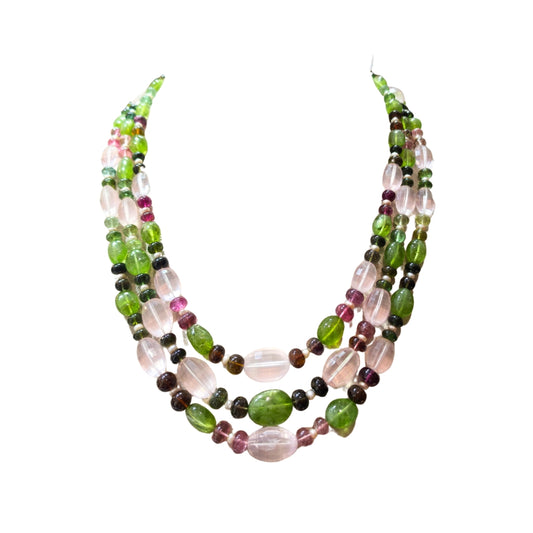 3 LINE STRAND OF VARSONITE, MORGANITE & TOURMALINE