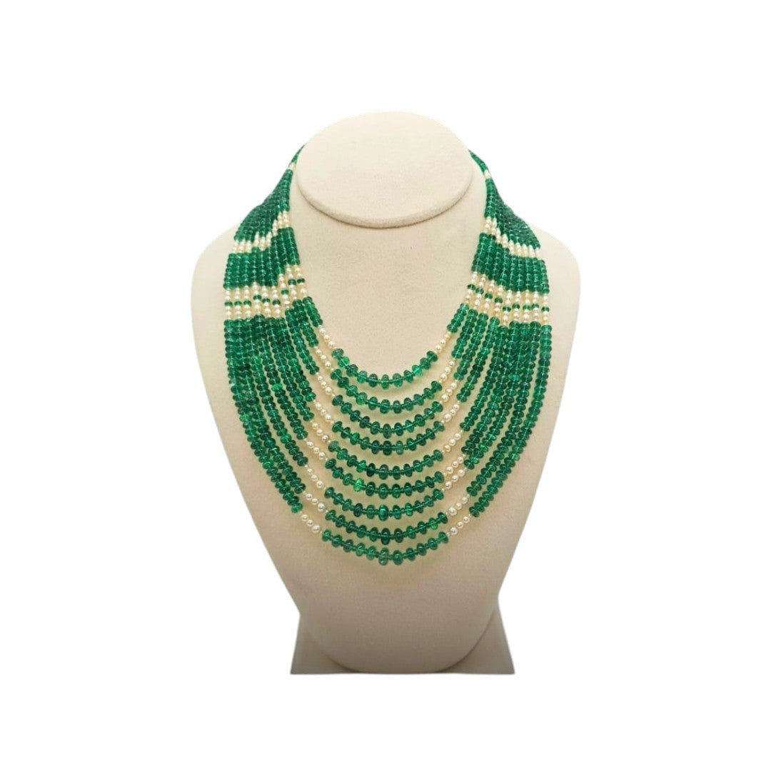NINE LINE PANJSHIR EMERALD STRAND CUSTOM CUT WITH BASRA PEARLS