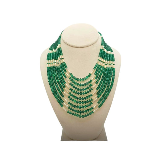 NINE LINE PANJSHIR EMERALD STRAND CUSTOM CUT WITH BASRA PEARLS