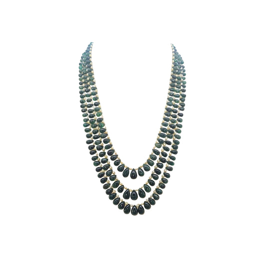 3 LINES ZAMBIAN EMERALD STRAND CUSTOM CUT WITH OLD CULTURED PEARL