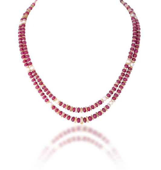 2 LINE STRAND OF PEARLS RUBY & CATEYE